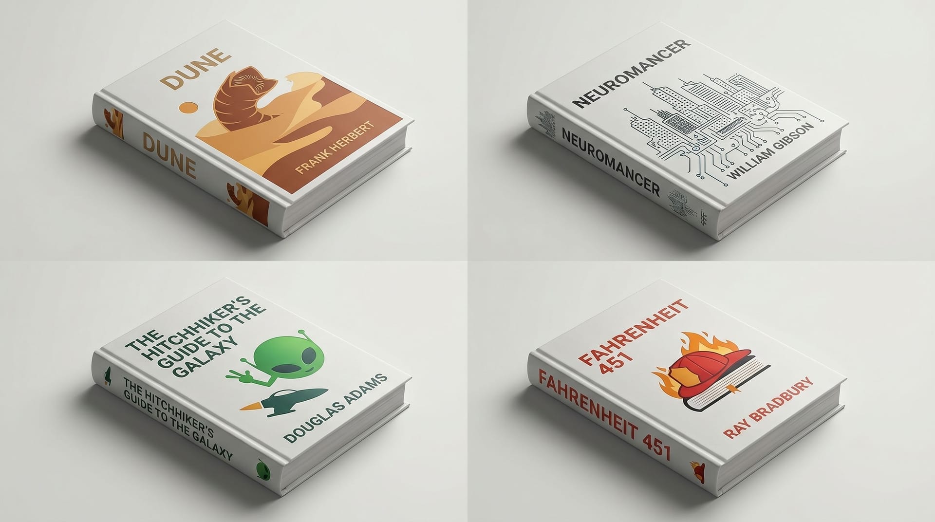 Nano Banana Prompt: Prompt: 2x2 grid of famous sci-fi books, clean high-end stud...
