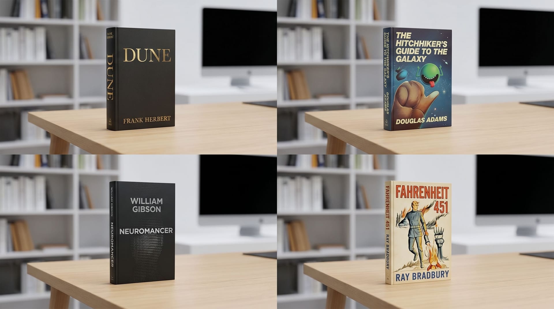 Nano Banana Prompt: Prompt: 2x2 grid of famous sci-fi books, clean high-end stud...