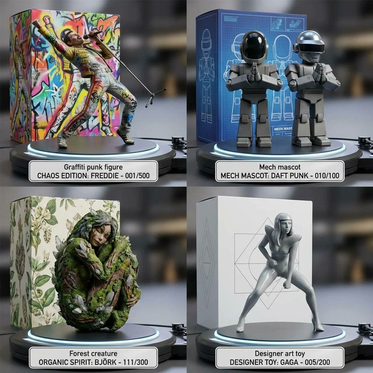 2x2 grid of stylized famous musicians with unique poses generated by Nano Banana