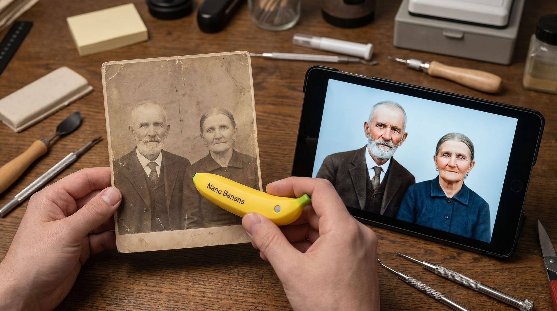 Nano Banana Prompt: Restore this old portrait photo using Nano Banana. Enhance f...