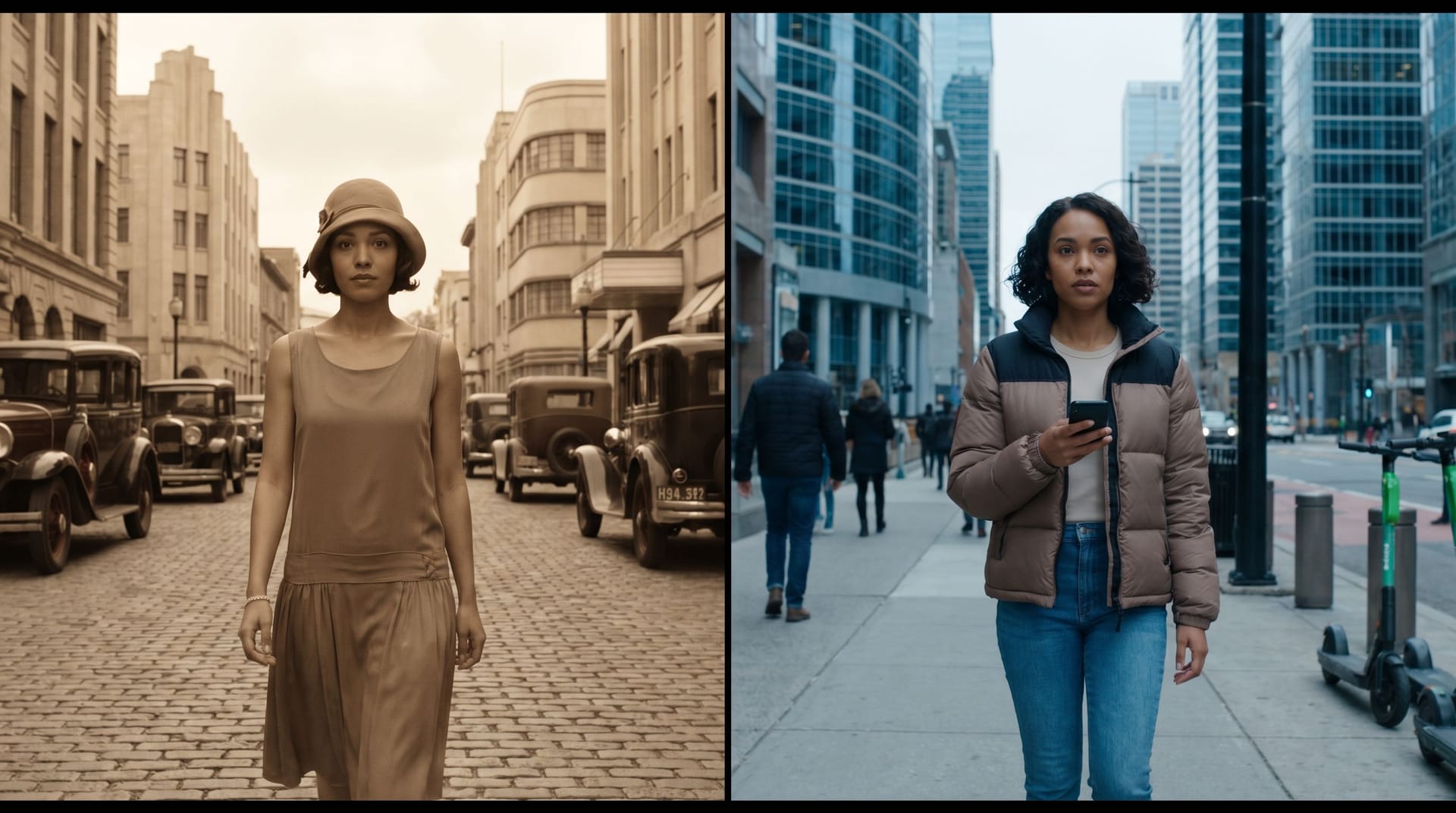 Split-Screen Cinematic Time Travel Prompt