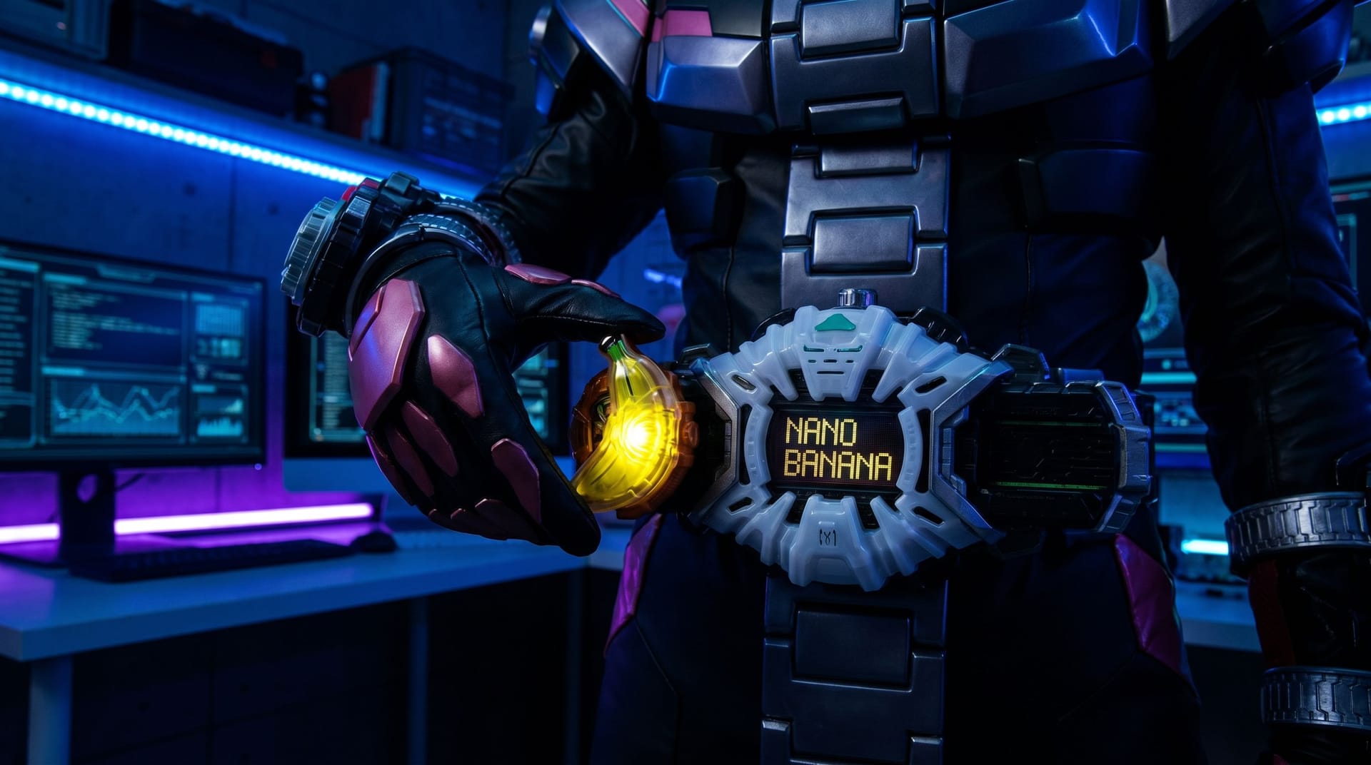Nano Banana Prompt: Subject inserts a glowing Ridewatch into the Ziku-Driver and...