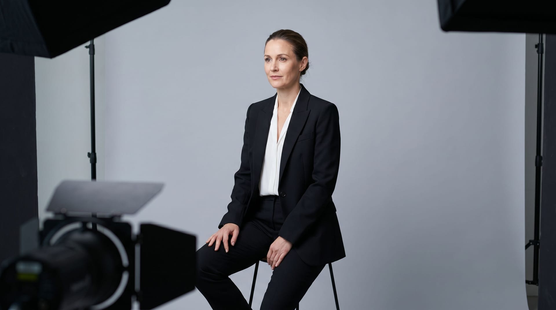 Nano Banana Prompt: Studio fashion portrait of a woman in a structured black sui...