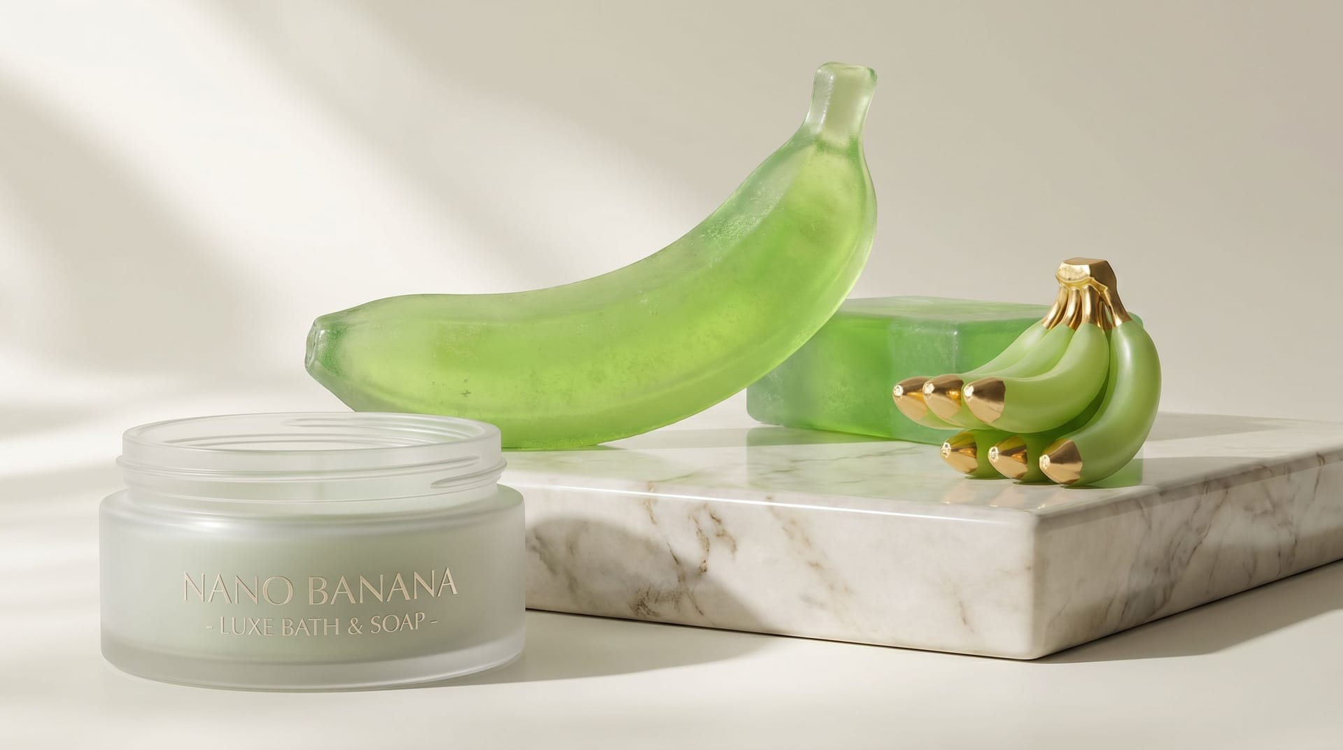 Nano Banana Prompt: Luxury product photography of a green translucent bath and s...