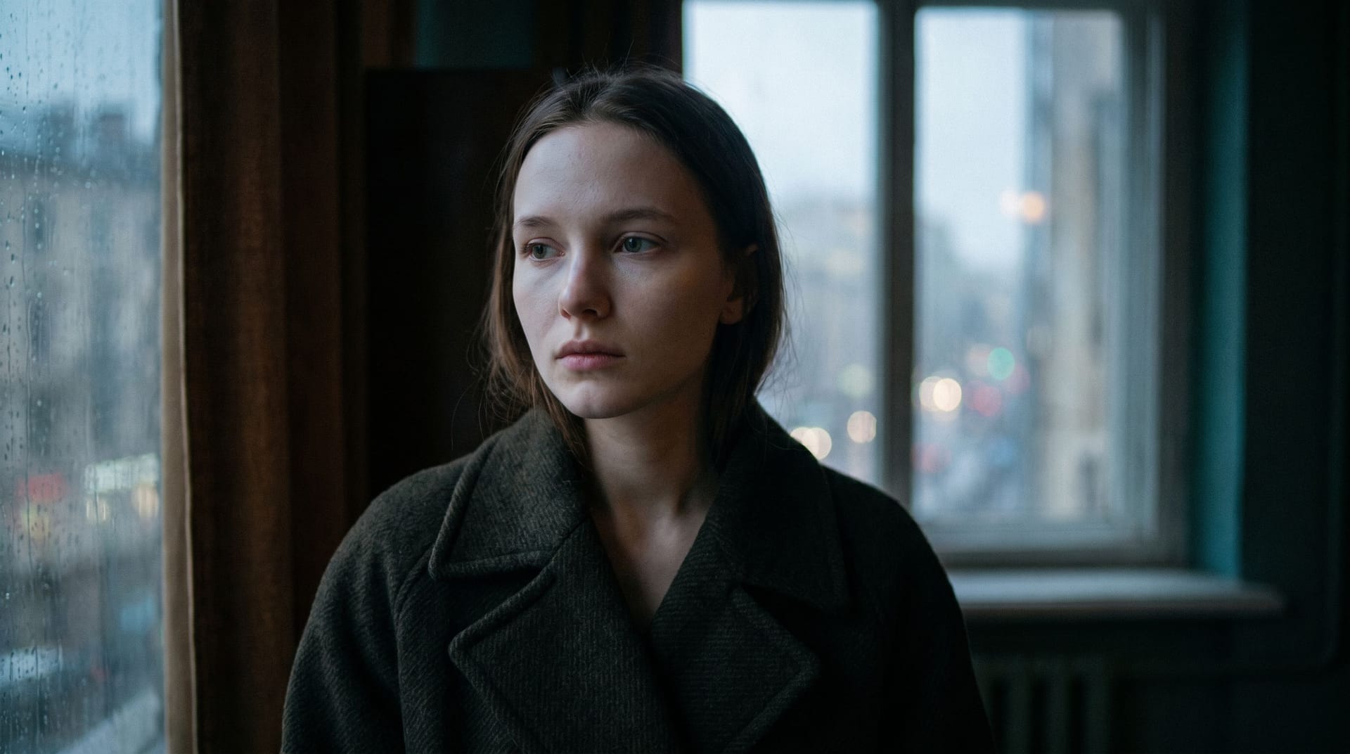 Nano Banana Prompt: Moody cinematic portrait of a young woman with clear fair sk...